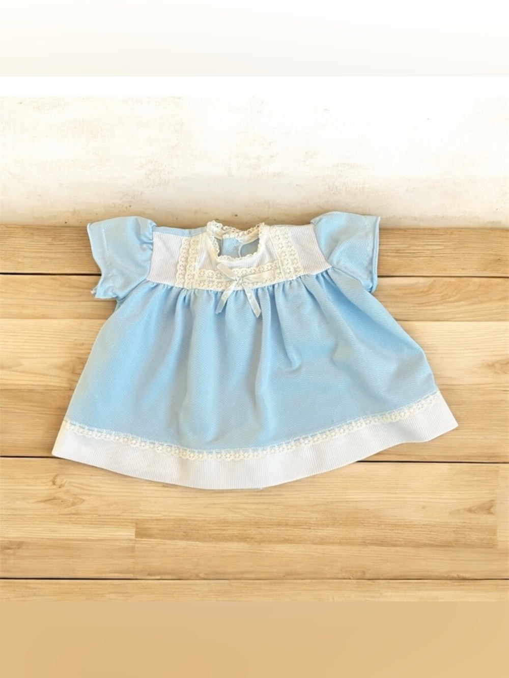 Vintage Handmade Blue Baby Dress with Lace Trim Bow Button Retro Sz 0-6 Months
